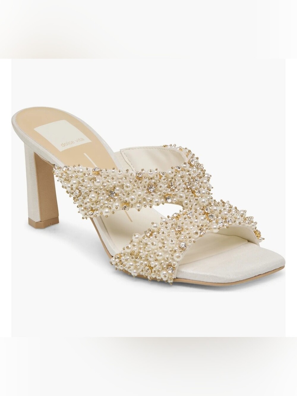 Size 8 Dlce Vita Pearl-Embellished Ivory High Heel Slide Retail 300$